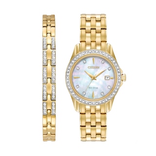 Ladies' Citizen Eco-Drive® Crystal Gold-Tone Watch with Mother-of-Pearl Dial and Bracelet Set (Model: EW1907-78D)|Peoples Jewellers