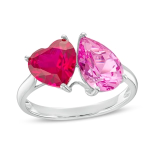 Heart-Shaped Lab-Created Ruby and Pear-Shaped Pink Lab-Created Sapphire Two Stone Ring in 10K White Gold|Peoples Jewellers
