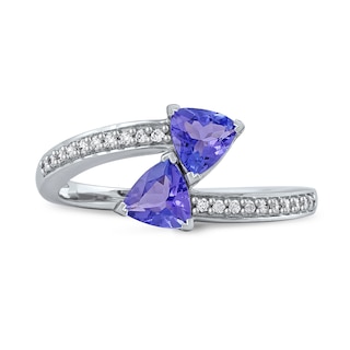 5.0mm Trillion-Cut Tanzanite and 0.086 CT. T.W. Diamond Toi et Moi Bypass Wrap Ring in 10K White Gold|Peoples Jewellers