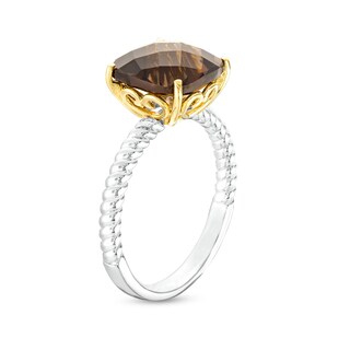 10.0mm Cushion-Cut Smoky Quartz Solitaire Rope-Textured Shank Ring in Sterling Silver and 10K Gold|Peoples Jewellers