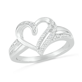 Diamond Accent Beaded Double Ribbon Heart Split Shank Ring in Sterling Silver|Peoples Jewellers