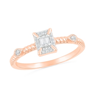0.085 CT. T.W. Baguette and Round Diamond Rectangular Frame Rope-Textured Shank Promise Ring in 10K Rose Gold|Peoples Jewellers