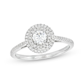 Canadian Certified Centre Diamond 0.50 CT. T.W. Double Frame Engagement Ring in 14K White Gold (I/I1)|Peoples Jewellers
