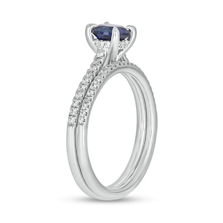 6.0mm Blue Lab-Created Sapphire and 0.29 CT. T.W. Diamond Bridal Set in 10K White Gold|Peoples Jewellers