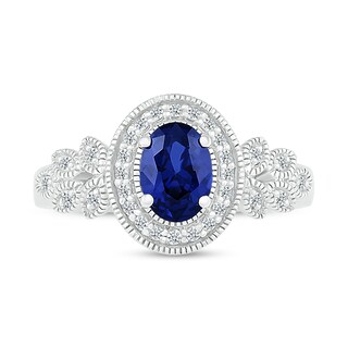 Oval Blue and White Lab-Created Sapphire Frame Leaf-Sides Ring in 10K White Gold|Peoples Jewellers