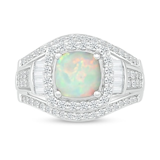 7.0mm Cushion-Cut Lab-Created Opal and White Lab-Created Sapphire Frame Bold Multi-Row Ring in Sterling Silver|Peoples Jewellers