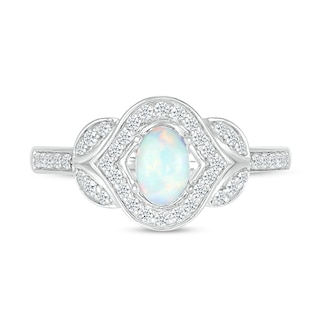 Oval Lab-Created Opal and White Lab-Created Sapphire Contour Frame Leaf-Sides Ring in 10K White Gold|Peoples Jewellers