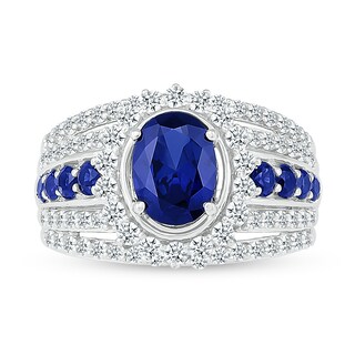 Oval Blue and White Lab-Created Sapphire Shadow Frame Multi-Row Split Shank Ring in Sterling Silver|Peoples Jewellers