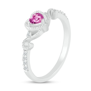 4.0mm Heart-Shaped Pink and White Lab-Created Sapphire Frame with Scroll Accent Vintage-Style Ring in 10K White Gold|Peoples Jewellers