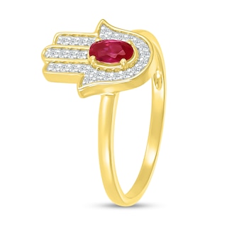 Oval Lab-Created Ruby and White Lab-Created Sapphire Hamsa Ring in 10K Gold|Peoples Jewellers