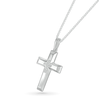 Men's 0.04 CT. T.W. Diamond Inlay Three-Dimensional Double Cross Pendant in 10K White Gold - 22"|Peoples Jewellers