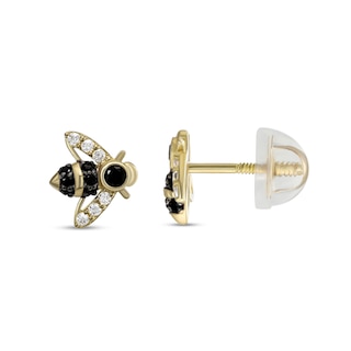 Child's Black and White Cubic Zirconia Bumble Bee Stud Earrings in 14K Gold|Peoples Jewellers