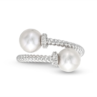 Freshwater Cultured Pearl and White Lab-Created Sapphire Rope Wrap Ring in Sterling Silver-Size 7|Peoples Jewellers