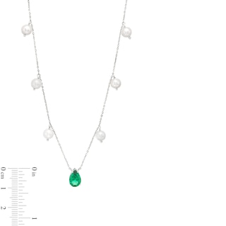 Pear-Shaped Lab-Created Emerald and 5.0-5.5mm Freshwater Cultured Pearl Station Necklace in Sterling Silver|Peoples Jewellers