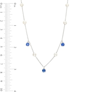 Freshwater Cultured Pearl and Blue Lab-Created Sapphire Dangle Station Necklace in Sterling Silver|Peoples Jewellers