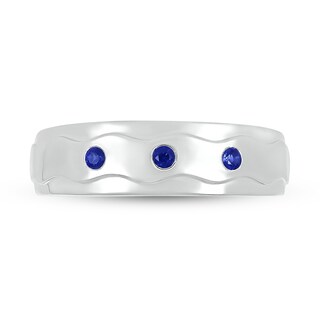 Men's Blue Lab-Created Sapphire Raised Wavy Three Stone Ring in 10K White Gold|Peoples Jewellers