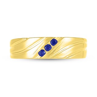 Men's Blue Lab-Created Sapphire Three Stone Textured Swirl Ring in 10K Gold|Peoples Jewellers