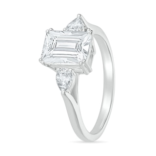 Emerald-Cut and Pear-Shaped White Lab-Created Sapphire Three Stone Ring in Sterling Silver|Peoples Jewellers