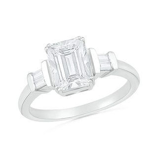 Emerald-Cut and Baguette White Lab-Created Sapphire Collar Three Stone Ring in Sterling Silver|Peoples Jewellers