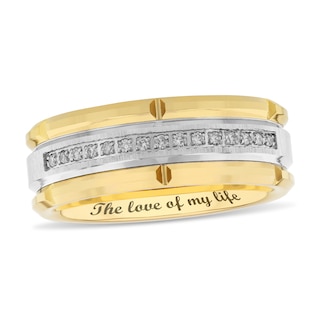 Men's 0.115 CT. T.W. Diamond Centre Stripe Engravable Wedding Band in Tungsten and Yellow Ion-Plate (1 Line)|Peoples Jewellers
