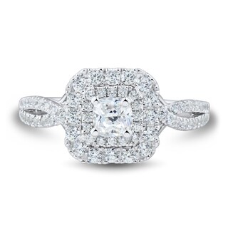 0.95 CT. T.W. Cushion-Cut Diamond Double Frame Split Shank Engagement Ring in 14K White Gold (I/SI2)|Peoples Jewellers
