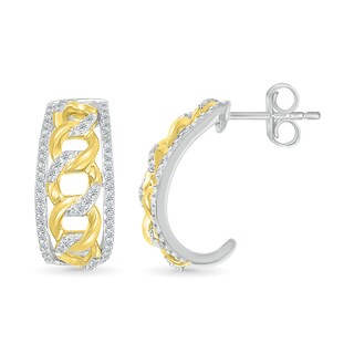 0.29 CT. T.W. Diamond Edge Curb Chain J-Hoop Earrings in Sterling Silver with 10K Gold Plate|Peoples Jewellers