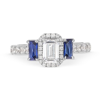 Vera Wang Love Collection 1.23 CT. T.W. Emerald-Cut Diamond and Sapphire Three Stone Engagement Ring in 14K White Gold|Peoples Jewellers