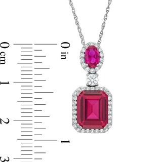 Emerald-Cut Lab-Created Ruby and White Lab-Created Sapphire Frame Dangle Drop Pendant in Sterling Silver|Peoples Jewellers