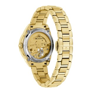 Ladies' Bulova Sutton Gold-Tone Watch with Mother-of-Pearl Dial and Skeleton Heart (Model: 97L172)|Peoples Jewellers