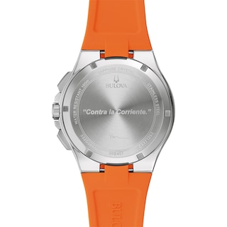 Men's Bulova Maquina Silver-Tone Chronograph Orange Strap Watch with Blue Dial (Model: 96B407)|Peoples Jewellers