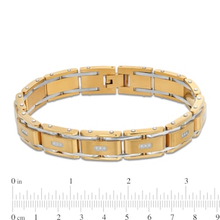 Men's 0.10 CT. T.W. Diamond Three Stone Station Link Bracelet in Stainless Steel and Yellow Ion-Plate - 8.5"|Peoples Jewellers