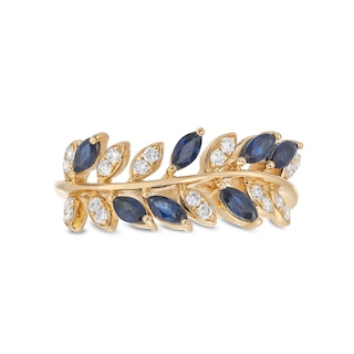 EFFY™ Collection Blue Sapphire and 0.18 CT. T.W. Diamond Leaves Ring in 14K Gold|Peoples Jewellers