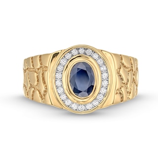 Men's Faceted Oval Blue Sapphire and 0.19 CT. T.W. Diamond Frame Nugget Ring in 10K Gold - Size 10|Peoples Jewellers