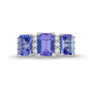 Emerald-Cut Tanzanite and 0.30 CT. T.W. Certified Lab-Created Diamond Three Stone Ring in 10K White Gold (F/SI2)|Peoples Jewellers