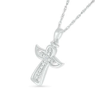 Diamond Accent Cross with Angel Outline Pendant in Sterling Silver|Peoples Jewellers