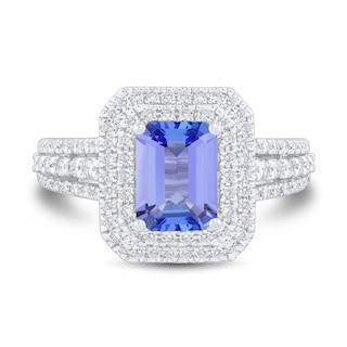 Emerald Tanzanite and 0.58 CT. T.W. Diamond Double Frame Triple Row Engagement Ring in 14K White Gold|Peoples Jewellers