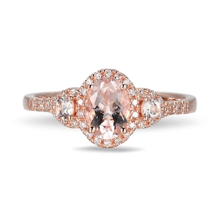 Oval and Round Morganite with 0.086 CT. T.W. Diamond Frame Three Stone Ring in 10K Rose Gold - Size 7|Peoples Jewellers