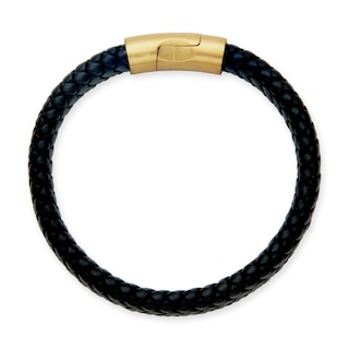 Woven Black Leather Bracelet with Yellow IP Stainless Steel Clasp - 8.5"|Peoples Jewellers