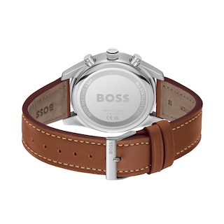 Men's Hugo Boss Skytraveller Chronograph Brown Leather Strap Watch with Black Dial (Model: 1514161)|Peoples Jewellers