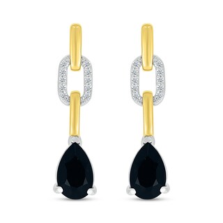 Pear-Shaped Black Onyx and White Lab-Created Sapphire Chain Link Drop Earrings in Sterling Silver and 10K Gold|Peoples Jewellers