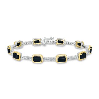 Emerald-Cut Black Onyx and White Lab-Created Sapphire Station Line Bracelet in Sterling Silver and 10K Gold - 7.25"|Peoples Jewellers