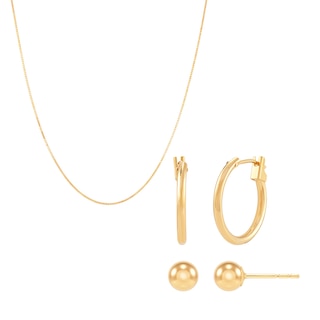 Essentials Box Chain Necklace, Ball Stud Earrings and Hoop Earrings Set in 14K Gold - 20"|Peoples Jewellers