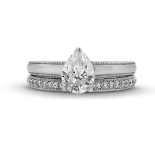 Perfect Fit 1.00 CT. T.W. Pear-Shaped Certified Lab-Created Diamond Vintage-Style Bridal Set in 14K White Gold (F/SI2)|Peoples Jewellers