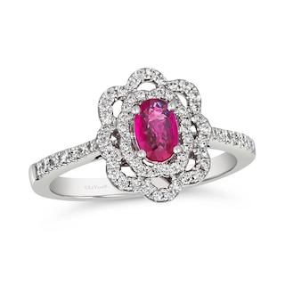 Le Vian® Couture® Oval Passion Ruby™ and 0.30 CT. T.W. Vanilla Diamond® Double Scallop Frame Ring in Platinum|Peoples Jewellers
