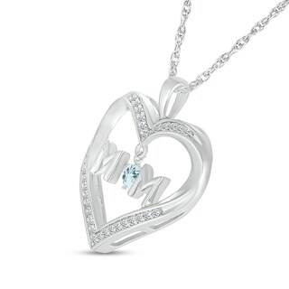 4.0mm Aquamarine and White Lab-Created Sapphire "MOM" Heart Pendant in Sterling Silver|Peoples Jewellers