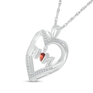 4.0mm Garnet and White Lab-Created Sapphire "MOM" Heart Pendant in Sterling Silver|Peoples Jewellers