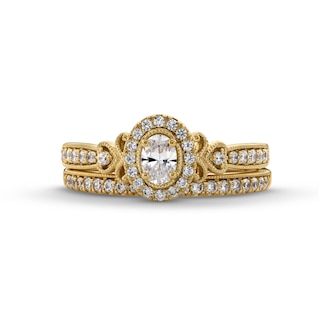 Perfect Fit 0.60 CT. T.W. Oval Certified Lab-Created Diamond Heart-Sides Vintage-Style Bridal Set in 14K Gold (F/SI2)|Peoples Jewellers