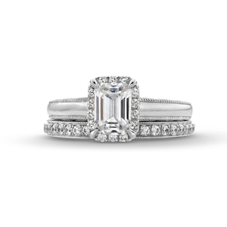 Perfect Fit 1.50 CT. T.W. Emerald-Cut Certified Lab-Created Diamond Vintage-Style Bridal Set in 14K White Gold (F/SI2)|Peoples Jewellers