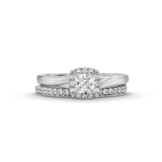 Perfect Fit 1.00 CT. T.W. Princess-Cut Certified Lab-Created Diamond Cushion Frame Bridal Set in 14K White Gold (F/SI2)|Peoples Jewellers