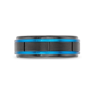 Men’s 8.0mm Double Stripe Stepped Edge Wedding Band in Tungsten with Black and Blue Ion Plate - Size 10|Peoples Jewellers